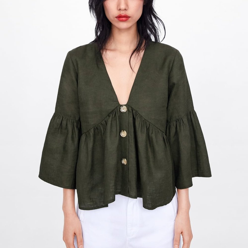 NWOT Zara khaki green linen top with buttons